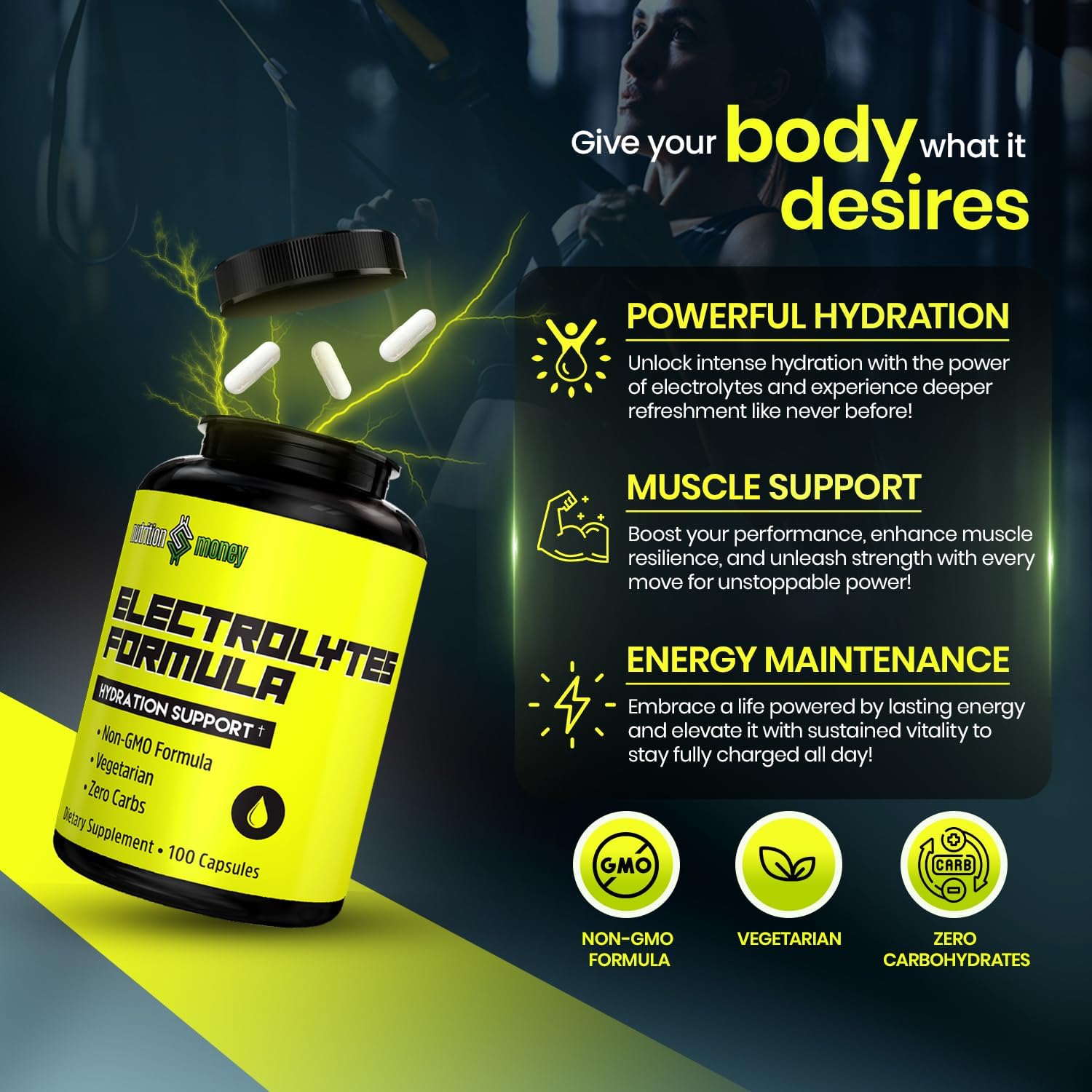 NutritionMoney Electrolyte Premium Hydration Supplement – Sugar Free, Zero Carbs, Non-GMO, Zero Calories, Keto-Friendly, Supports Carnivore Diet, Optimal Rehydration Electrolytes Capsules - 100 Count