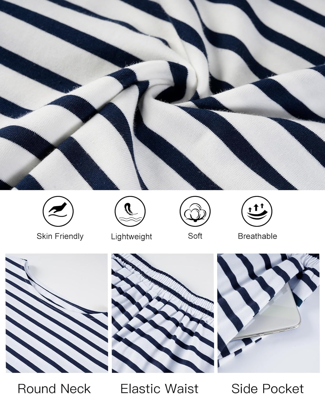 Flygo Striped 2 Piece Short Sets for Women Casual Cotton Long Sleeve Pullover Top Matching Pj Shorts Lounge Sets with Pockets - Image 7