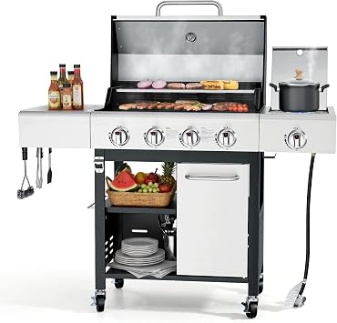 HUGROVE Propane Gas BBQ Grill with Side Burner & Wheels, 50,000 BTU Output Stainless Steel Barbecue Grill for Backyard & Outdoor Cooking Easy to Assemble Silver