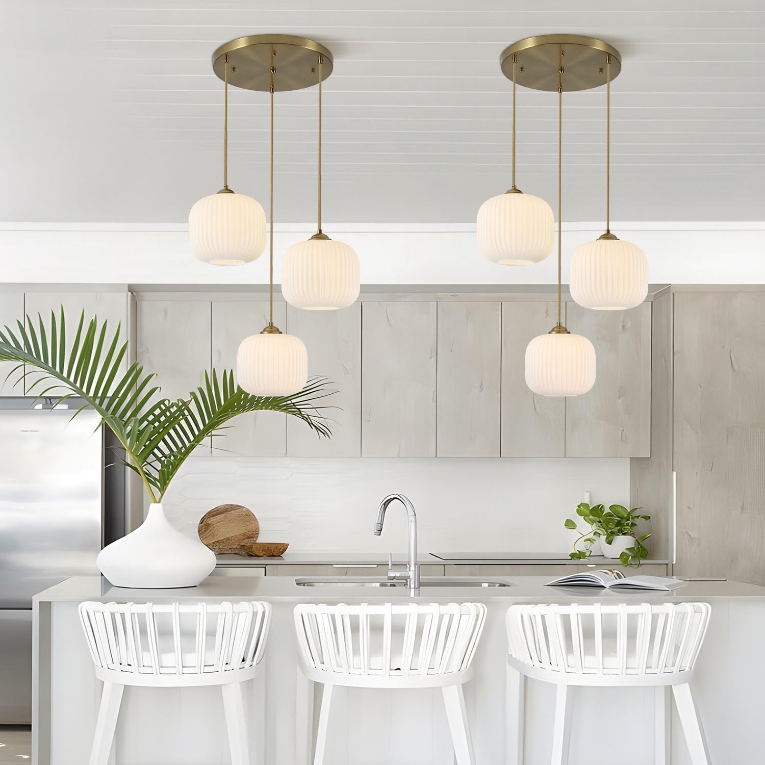 BOKT White Pendant Lights Kitchen Island 3 Light Globe Cluster Pendant Light Large Ribbed Glass Cluster Chandelier Gold Vintage Adjustable Hanging Light Fixture for Sink Dining Room