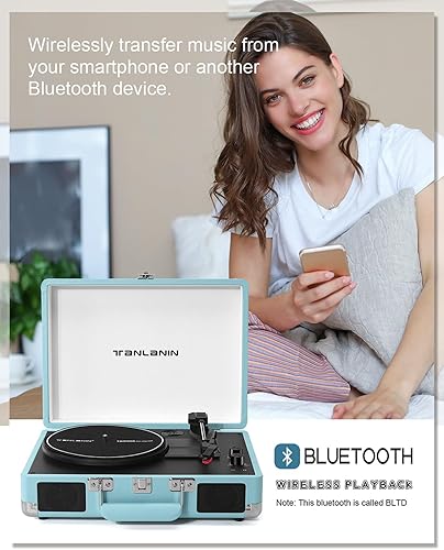 Miniatura 8 de Tocadiscos de maleta Bluetooth con altavoces integrados, control de graves y agudos, tocadiscos de 3 velocidades con parada automática, salida RCA y