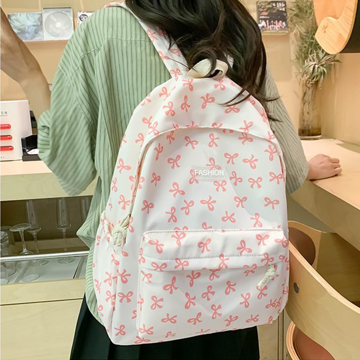 Classic Cute Bow Tie Printed Backpack 16.9 Inch Kawaii Casual Simple Lightweight Travel Bag For Women Pink image 5