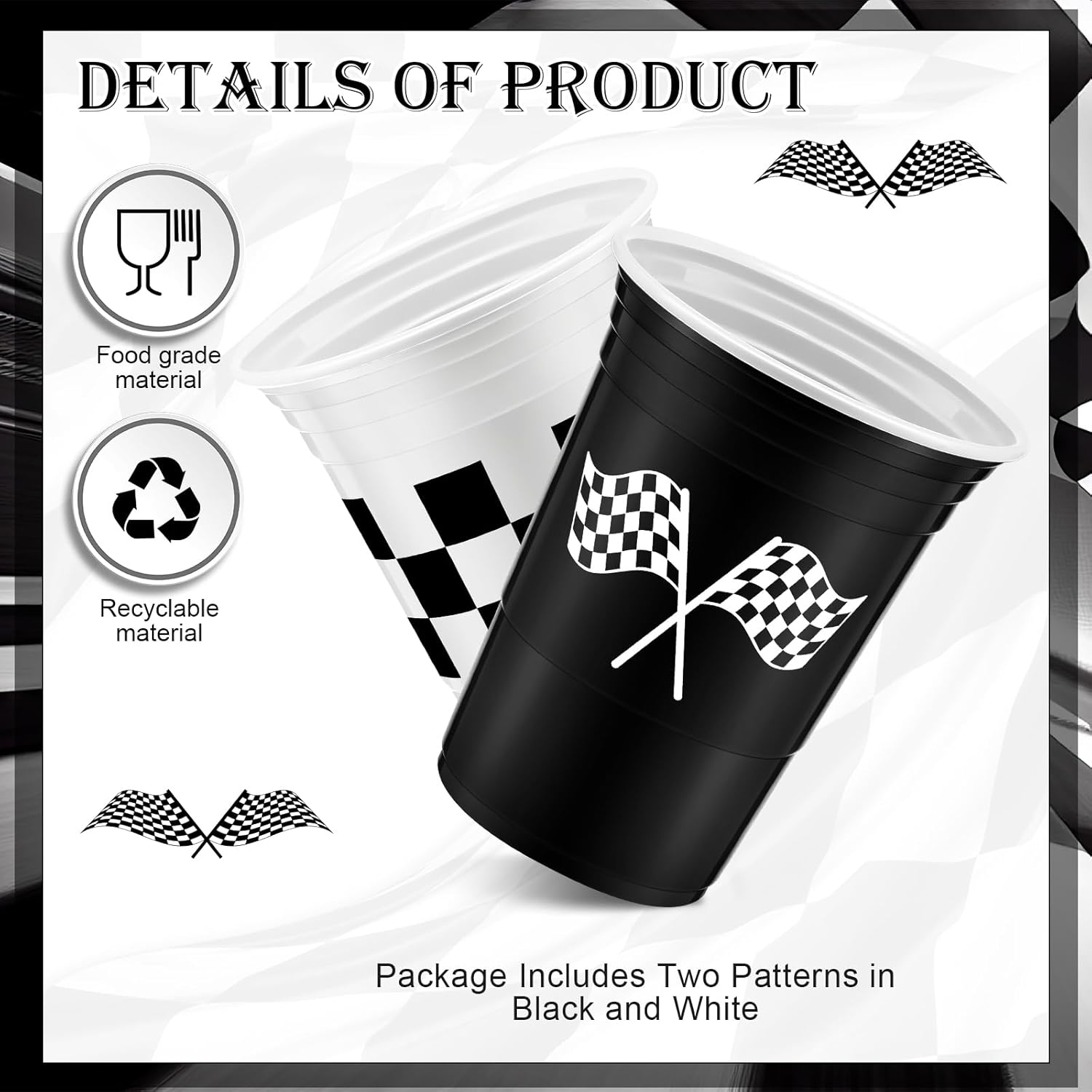 Norme 48 Pcs Checkered Cups Checkered Flag Party Supplies Bulk 16 oz Disposable Race Car Cups Thick White Black Cup for Racing Themed Birthday Party - Image 2