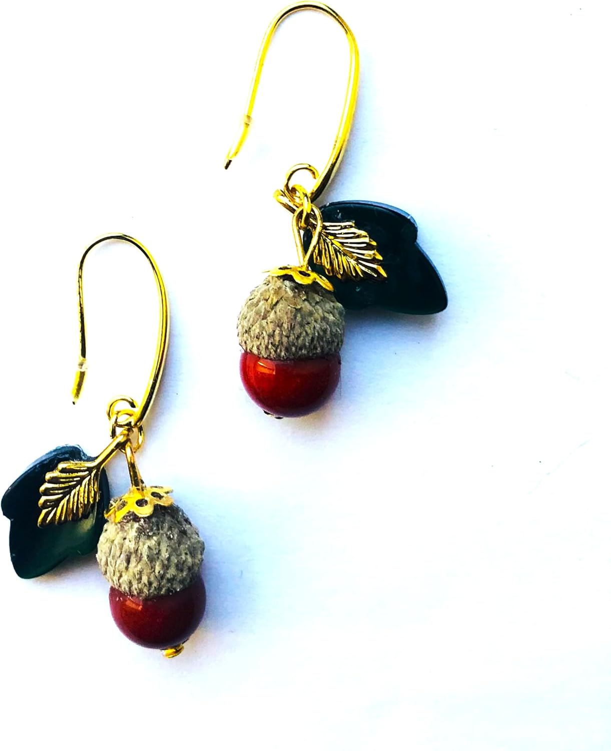 Acorn Earrings Oak Tree Fruit, Agate gemstone, green Lucite Moon-glow Oak Leaf, G. Pl. French Ear Wire, Thanksgiving