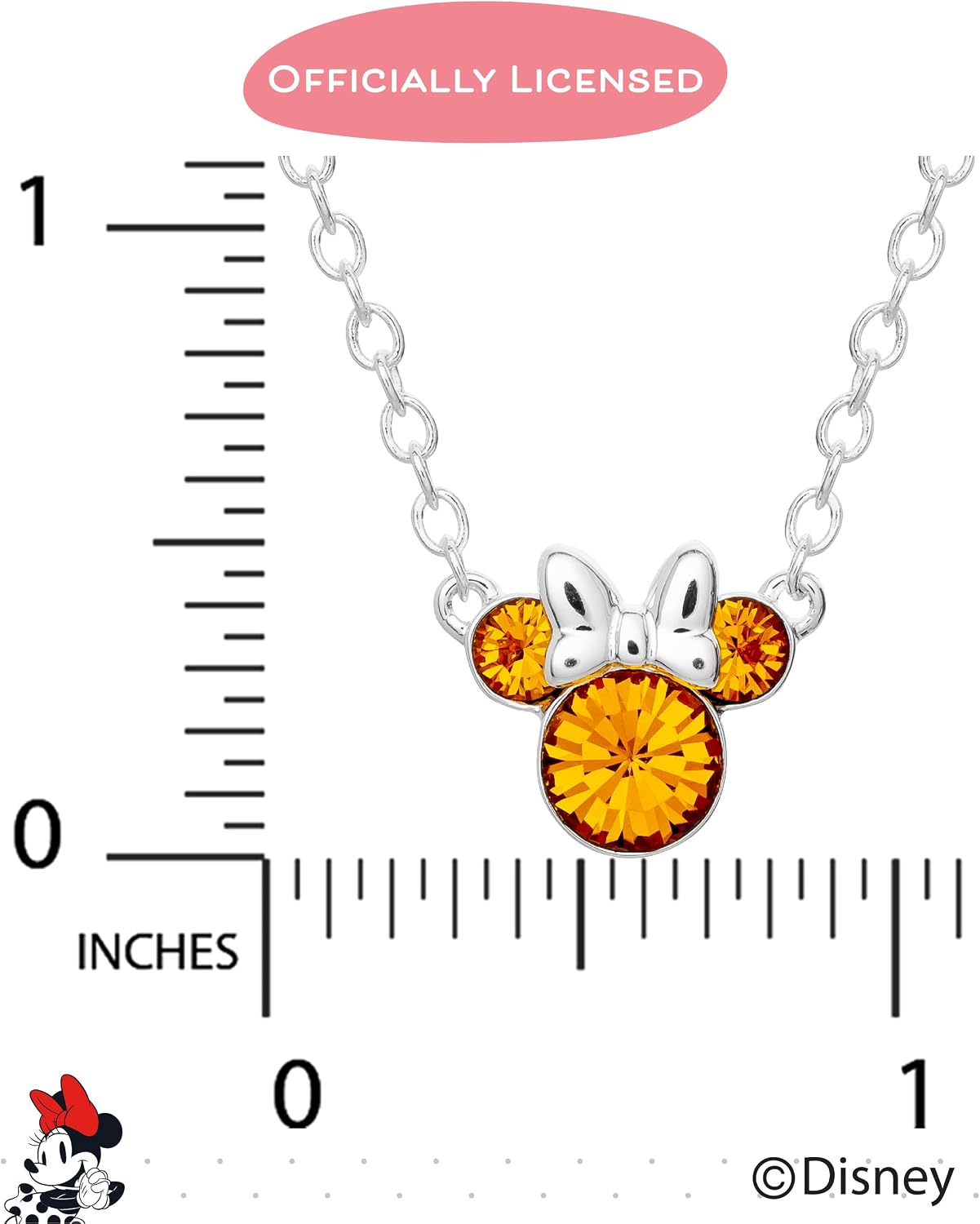 Disney Minnie Mouse Crystal Birthstone Jewelry, Birth Month Pendant Necklace, Silver Plated