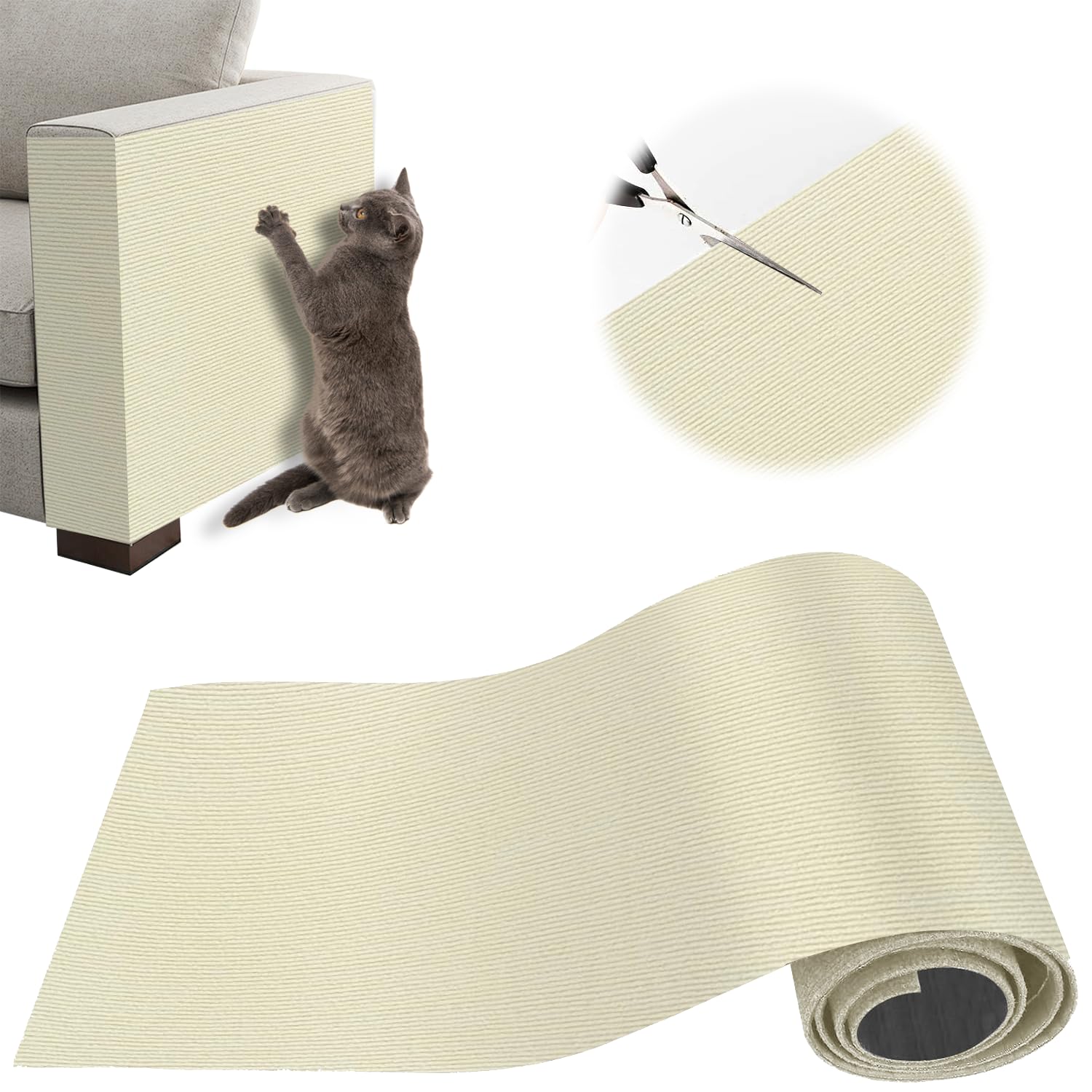 Protezione Divano Graffi Gatto, Tappeto Tiragraffi per Gatti Autoadesivo 100x30cm, Riutilizzabile e Tagliabile, Ideale per Divani, Mobili e Pareti, Tiragraffi divano, Sisal e Moquette (beige)