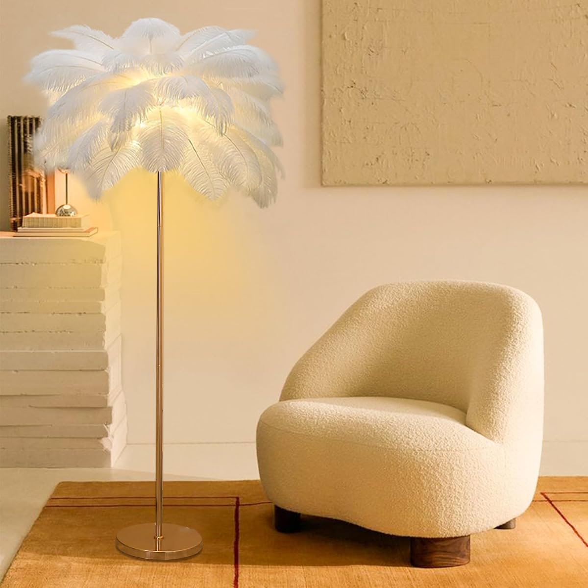 Feather Floor Lamp,Fluffy Ostrich Feather Floor Lamp for Bedroom,3 Color Temperatures Led Corner Modern Floor Lamps for Living Room Christmas Home Decor House Warming Gifts,63″ Height,50 Piece(White)