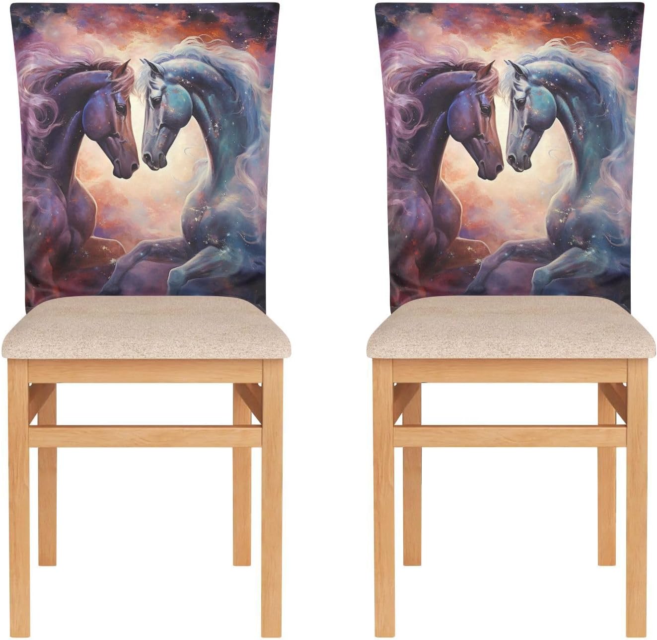 ALAZA Romantic Horses on The Space Chair Back Cover Set of 6, Washable Reusable Removable Chair Slipcovers Decorative Chair Cover for Home Kitchen Wedding Party