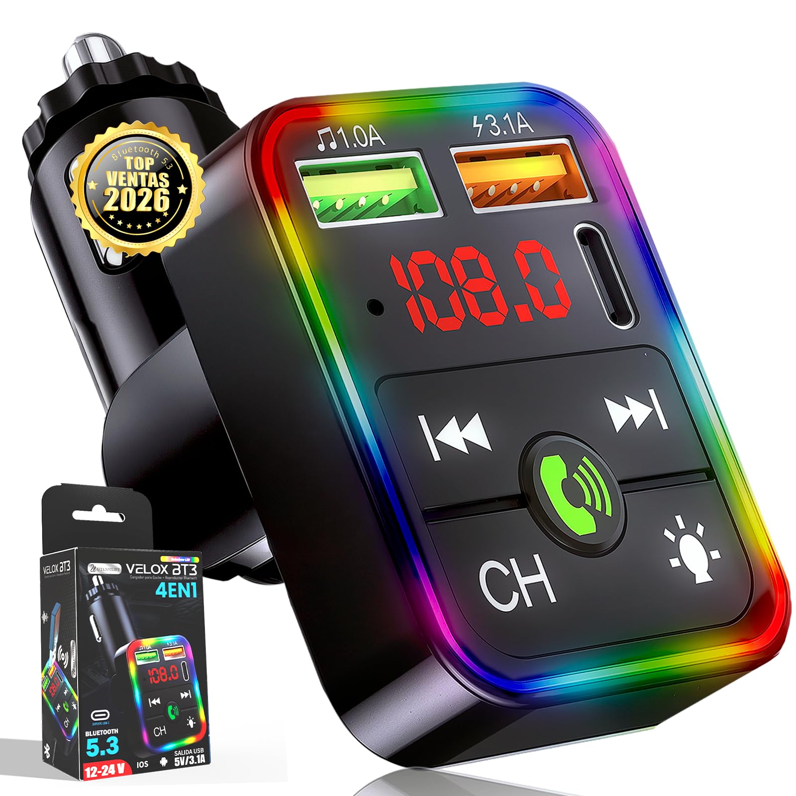 | UTENSILIFY® Transmisor FM Bluetooth Coche Premium | Bluetooth Coche + Cargador Ultra RÁPIDO | Manos Libres | Cargador Carga Rapida|Accesorios Auto | MP3 Reproductor | Bluetooth 5.3