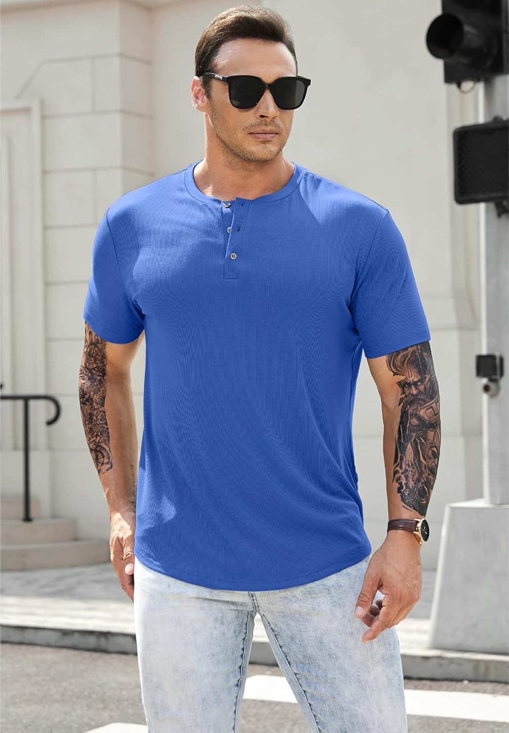 JMIERR Men's Muscle Slim Henley Shirts Crewneck Longline T-Shirt Gym Workout Athletic Shirt Tees with Button - Image 7