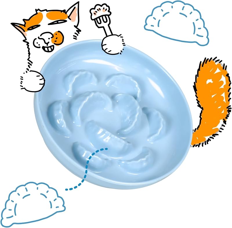 Comedouro lento para gatos FullCharm em melamina, design amplo e antiderrapante, Blue, 16,00 x 16,00 x 4,32 cm