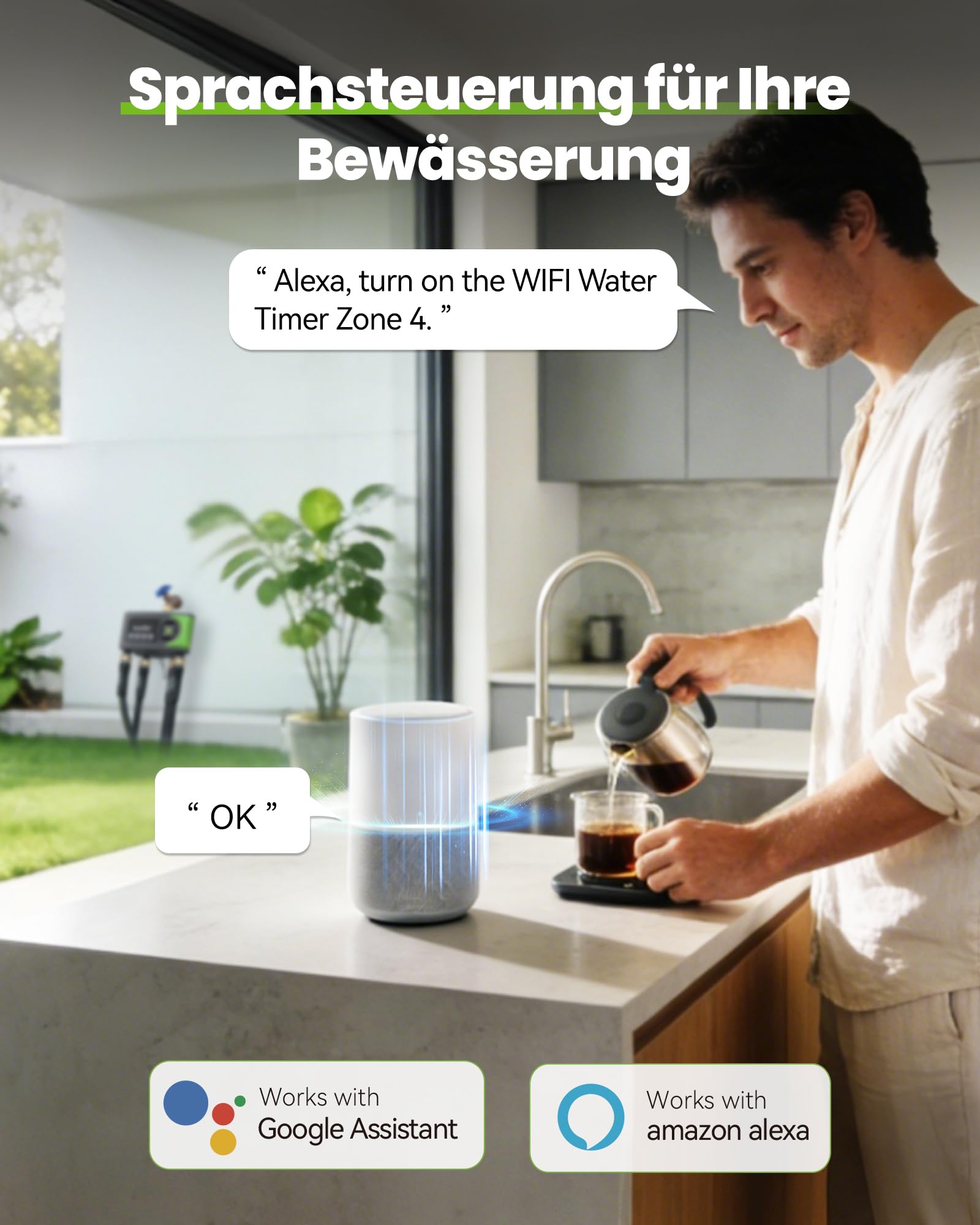 RAINPOINT Bewässerungscomputer WLAN mit 4 Ausgängen, Messing Ein- und Ausgang, Bewässerungsuhr 4 Zonen mit wetter- & bodenbasierter Steuerung, App- & Sprachsteuerung für Garten und Rasen