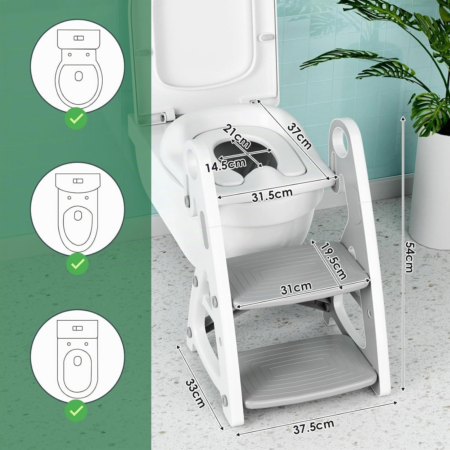 Siège de toilette pour bébé 2 en 1, avec escalier, structure triangulaire stable, marchepied pliable, avec pédale et hauteur d'assise réglables, grande pédale et poignées, doublure en polyuréthane,