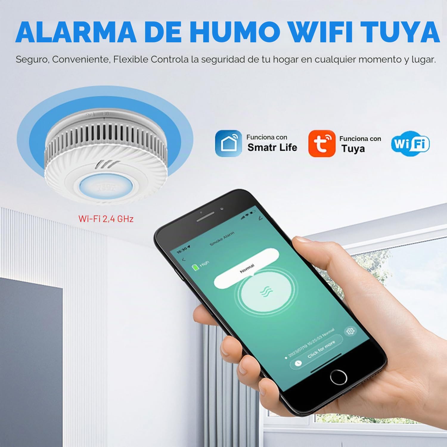 Smart WiFi Detector de Humo 10-Año Batería, Detector de Humo con Sensor Fotoeléctrico, Función de Silenciado y Autocomprobación, Certificado DIN EN14604, Compatible con Tuya/Smart Life App 2-Pack
