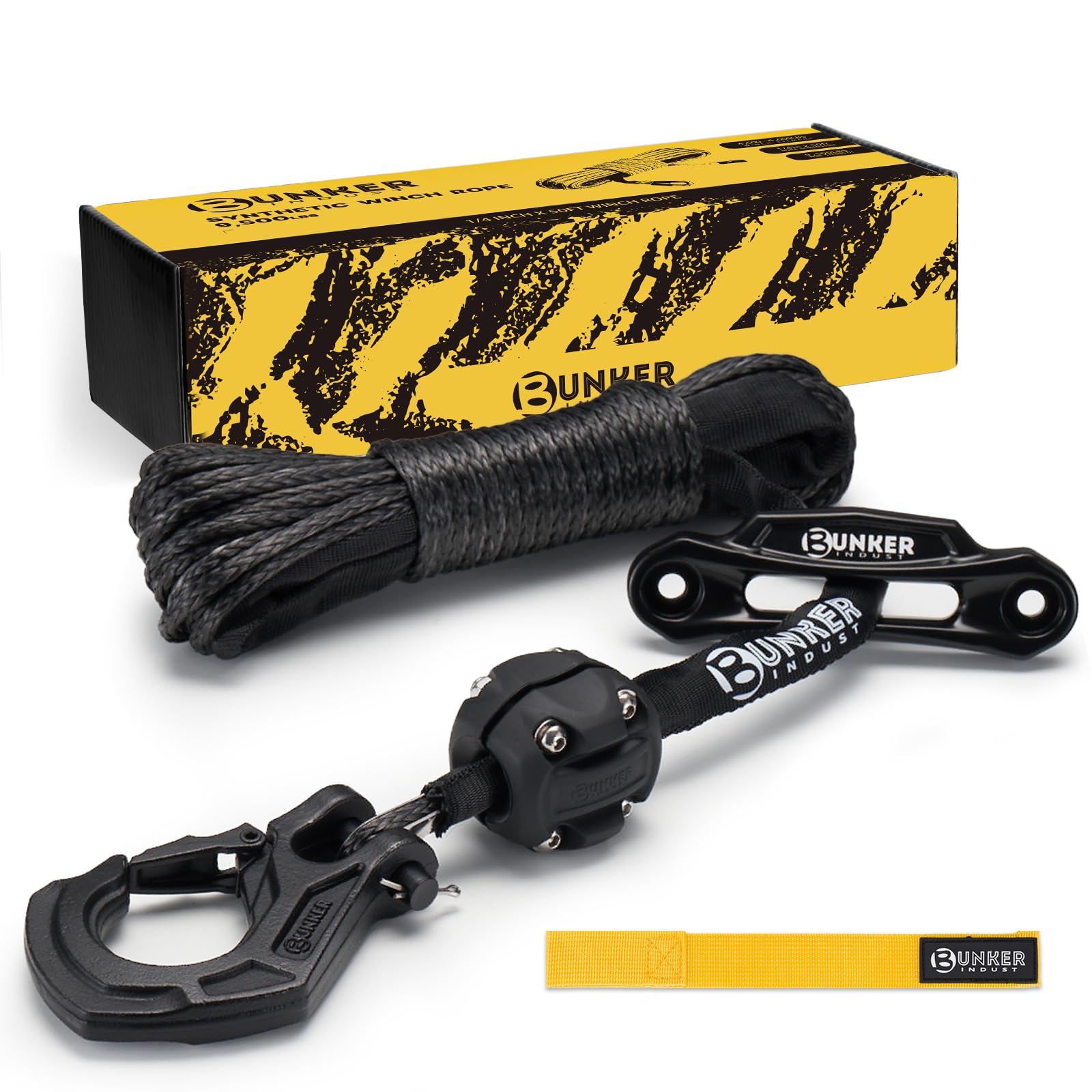 BUNKER INDUST Synthetisches Seilwindenseil-Set, 1,9 cm x 15,7 m, 3,719 kg, Ersatz für Seilwinde, Seilwinde, Seilwinde, Stopper, Haken für Geländewagen, ATV, UTV, SUV, Schwarz
