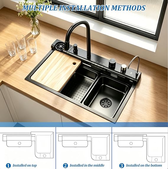 Smart Waterfall Kitchen Sink, Stainless Steel Sink with Temperature Display
