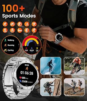 LIGE Military Smart Watch for Men, 1000mAh Battery, LED Flashlight/1.85'' HD Smartwatch, 100 Sports Modes, IP68 Waterproof Fitness Tracker, 3 Bands, USB & Type-C Charger for Android iOS, Sliver