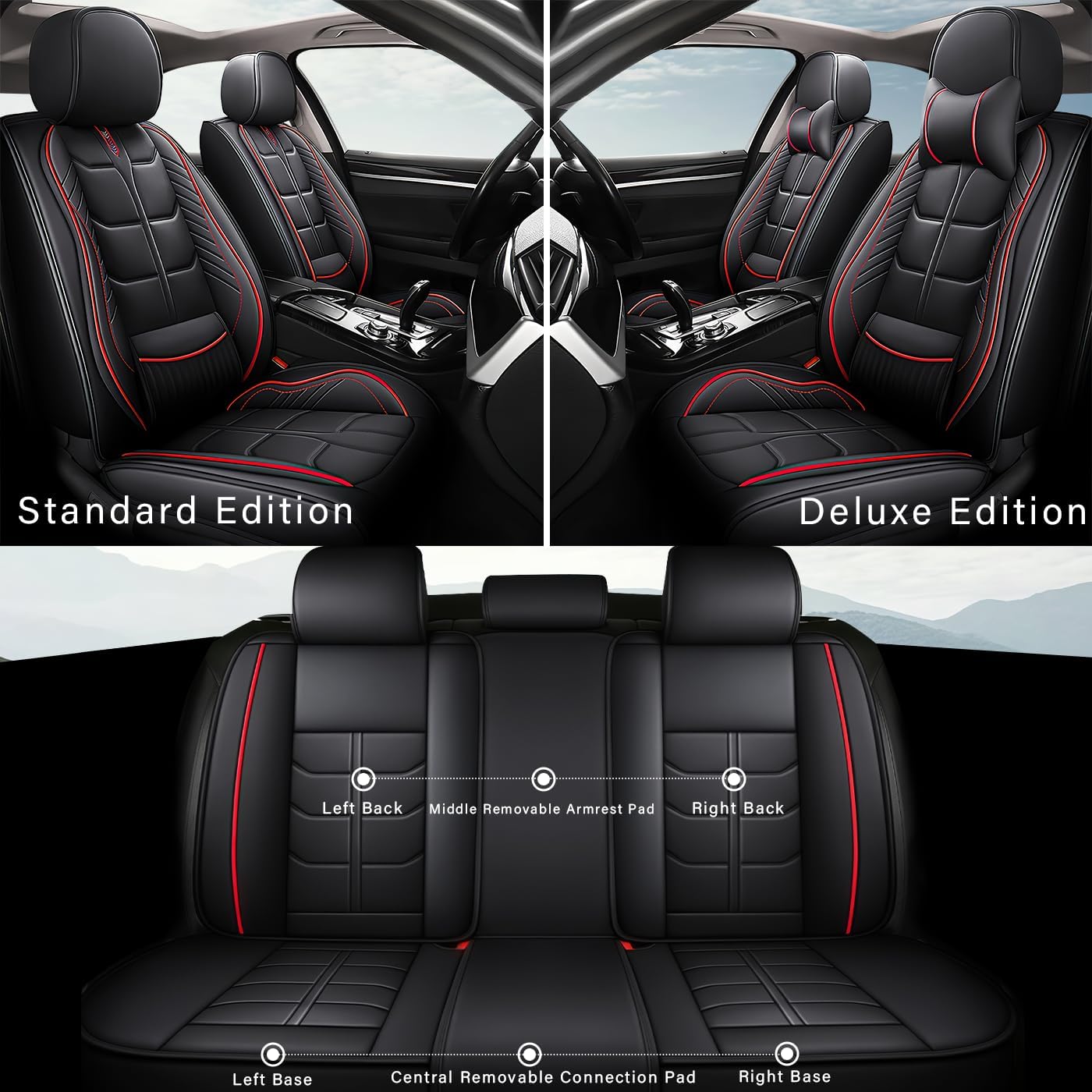 URINOVET for Toyota Avalon 2000-2023 Car Seat Cover, 5-Seater Front Rear Seat Cover, Waterproof and Wear Resistant Leather Seat Covers(Full Set with Pillow Black Red)