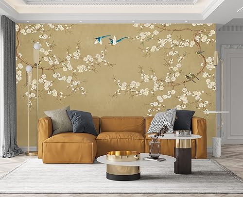 Papel pintado de pared de flor de ciruelo, pájaro chinoiserie, para dormitorio, 103 x 69 pulgadas