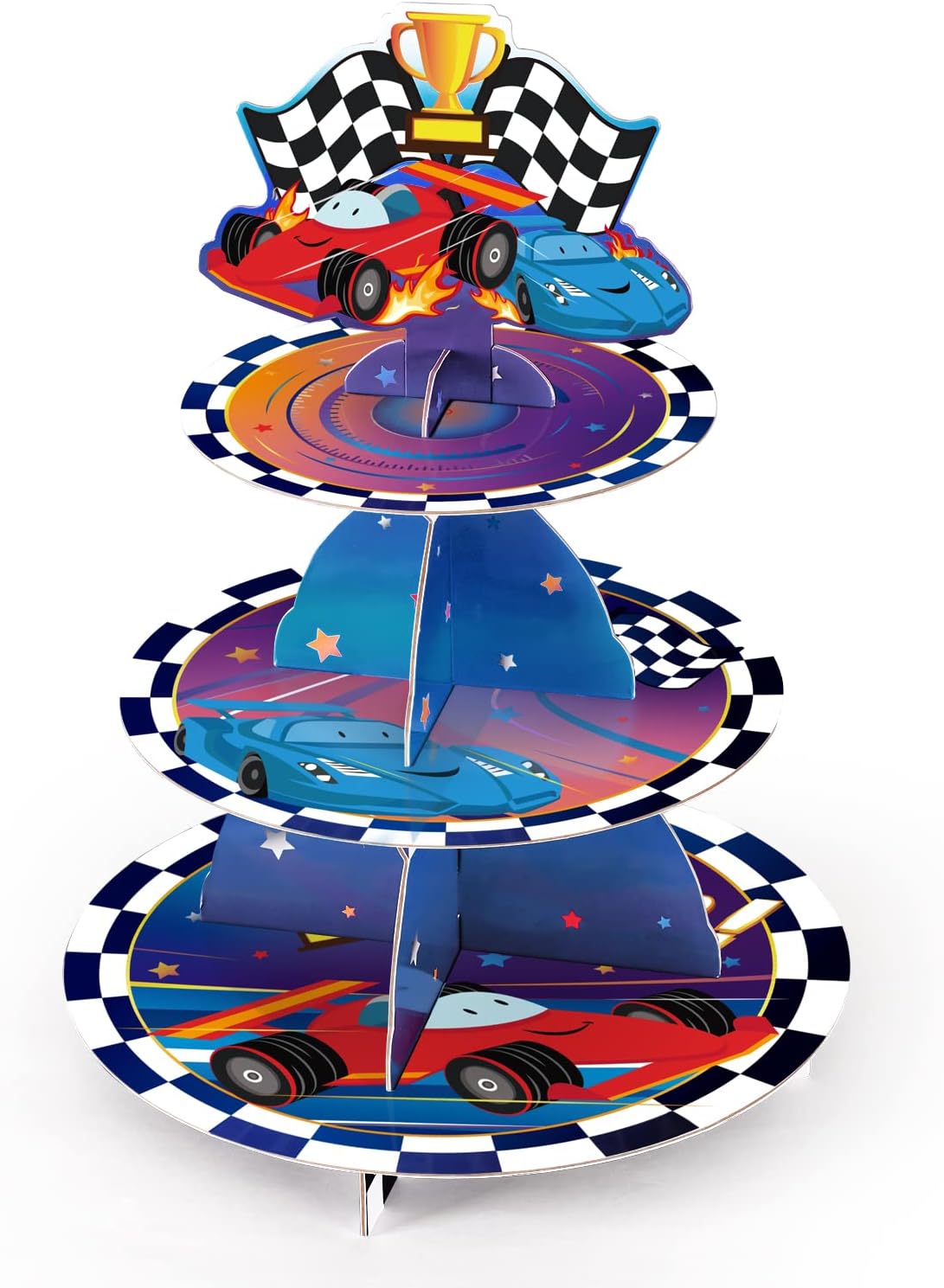 3-Tier Race Car Cupcake Stand - Black & White Checkered Cardboard Display For 8-12 Cupcakes
