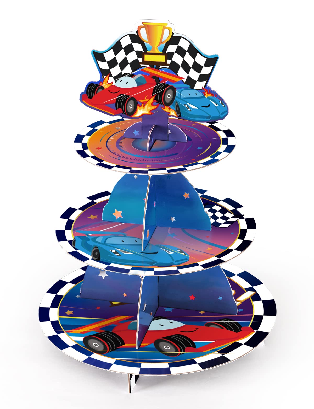 WERNNSAI Racing Car Cupcake Stand - Race Car Party Supplies for Boys Birthday 3-Tier Cardboard Cupcake Tower Dessert Holder Round Serving Tray Racing Car Party Decorations