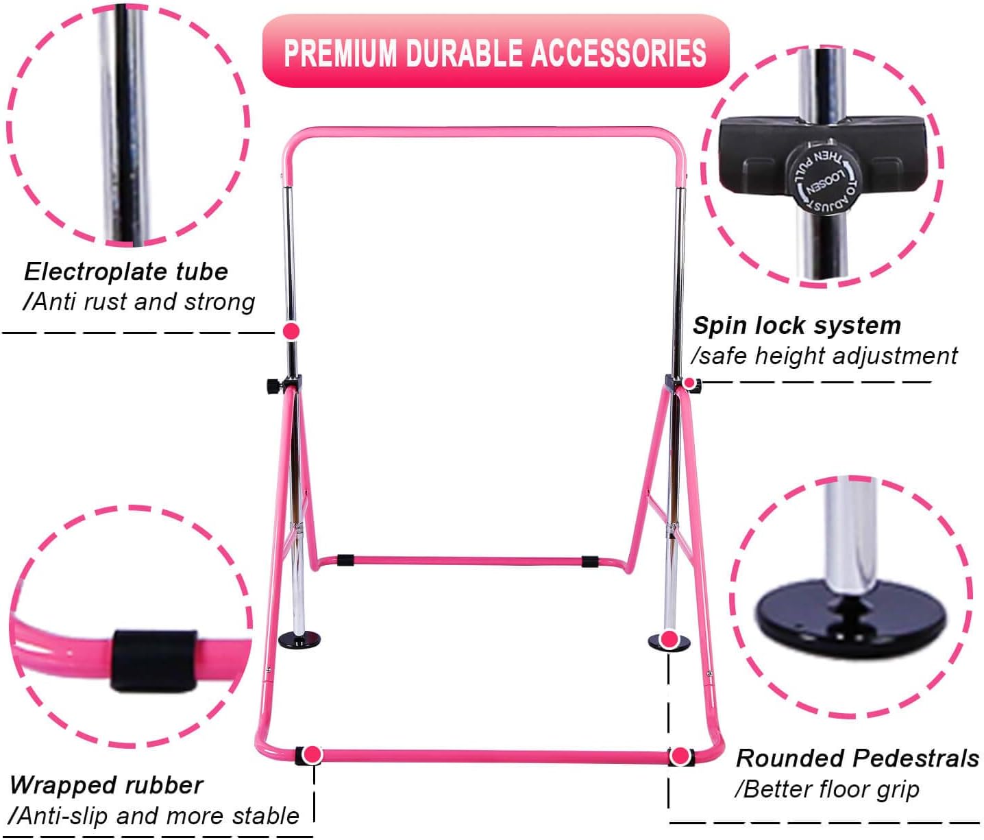 Gymnastic Bars for Kids with Adjustable Height, Folding Gymnastic Training Kip Bar, Junior Expandable Horizontal Monkey Bar for Home (Pink) : Sports & Outdoors