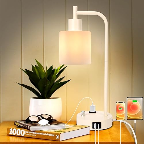 Lámpara de mesa industrial, lámpara de escritorio dorada regulable continua con 2 puertos USB y toma de corriente alterna, pantalla de vidrio