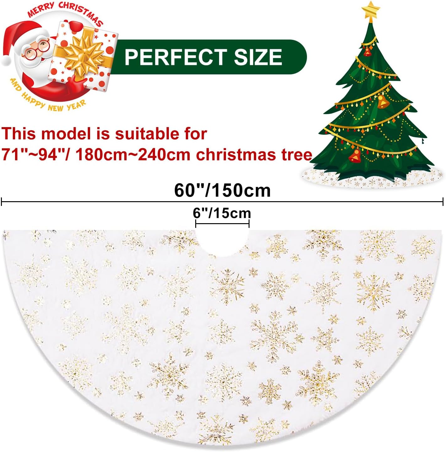 Lanpn Christmas Tree Skirt 60 inch, Xmas Tree Skirt with Snowflake Winter Christmas Tree Mat for Extra Large Artificial Trees Winter Home Party Holiday Indoor Xmas Decor (Gold, 150cm)