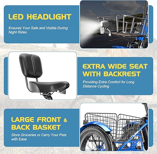 Vista 59 de NAIZEA Electric Tricycle Adult Electric Bicycles,Electric Trike,3 Wheel Electric Bike Ebike E Bicycle with Removable Battery, Motorized Trike with