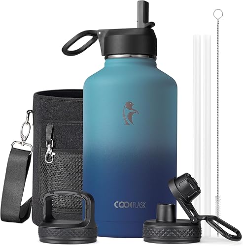 Miniatura 60 de Coolflask - Botella de agua de 64 onzas, aislada, con popote y 3 tapas, con diseño Galaxy, de acero inoxidable al vacío, mantiene las bebidas frías
