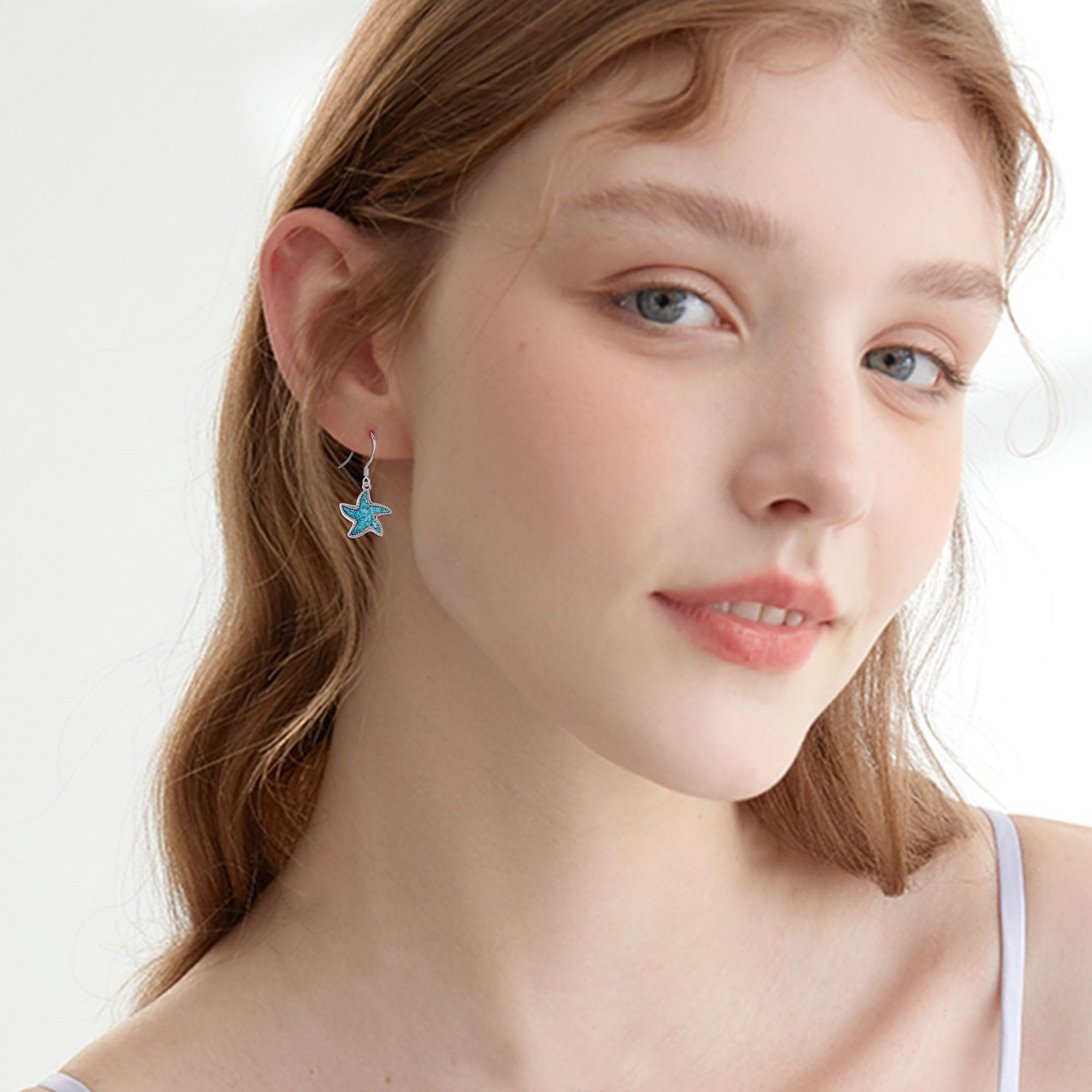 Pendientes de estrella de mar de plata de ley 925 turquesa con diseño de pez marítimo playa pendientes de playa joyas regalos para mujeres niñas estrella de mar océano regalo, Turquesa