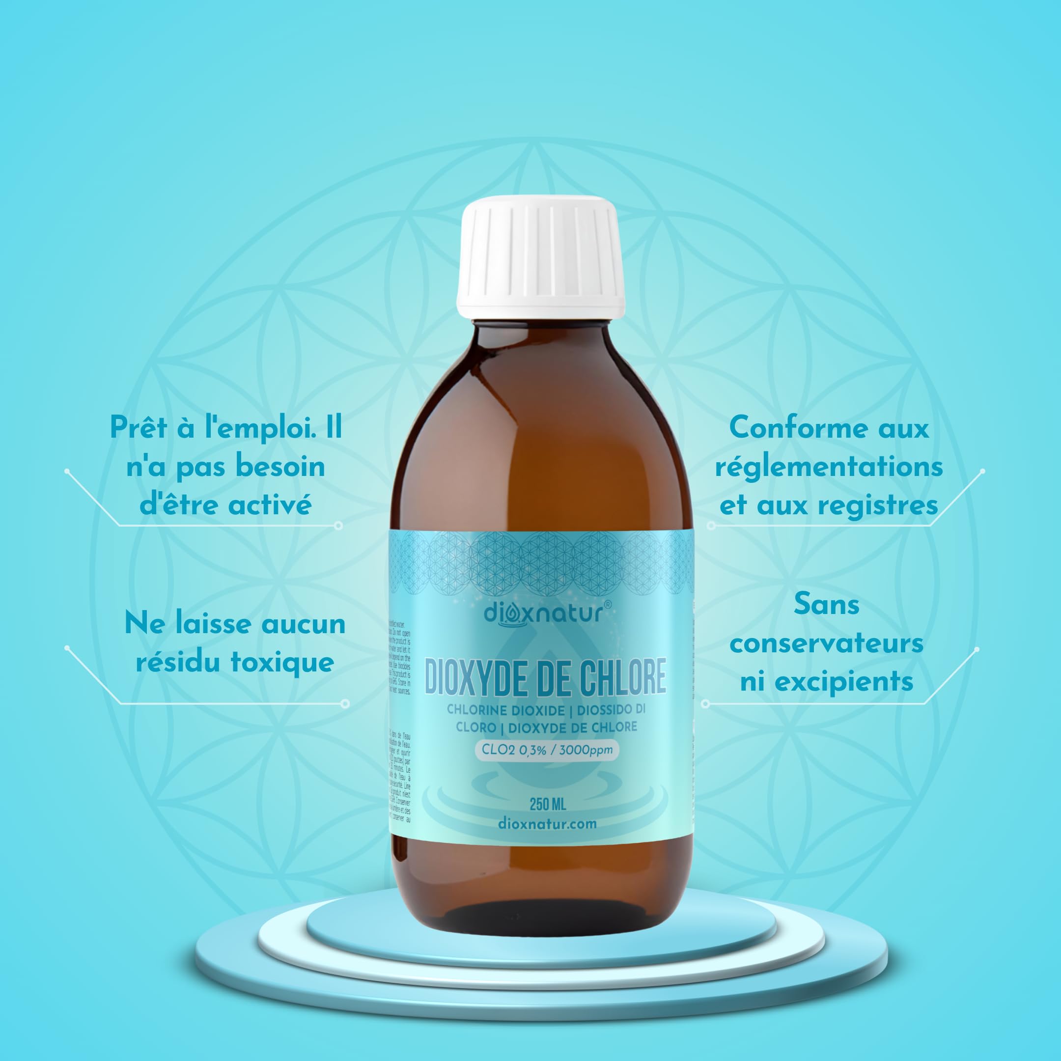 Dioxyde de chlore 3000 ppm CDS 250 ml. Seringue de 10 ml incluse. Étiquette FR. Bouteille en verre ambré avec compte-gouttes