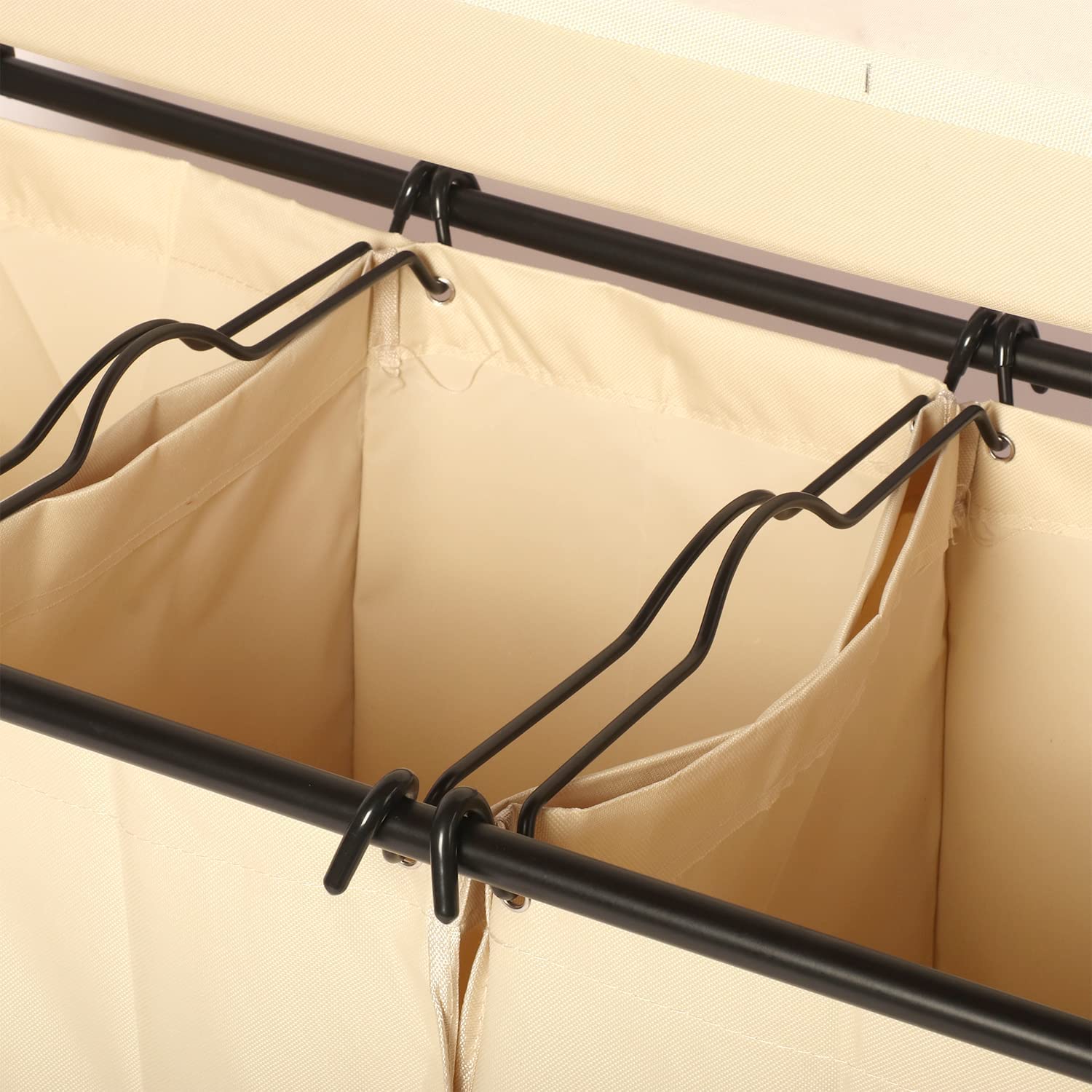 MYOYAY Carrello portabiancheria con barra sospesa, 3 sezioni, cesto portabiancheria con ruote bloccabili, asse da stiro e 3 sacchetti rimovibili, resistente, beige