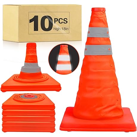 [10 Pack] 18 Inch Collapsible Traffic Safety Cones - Parking Cones