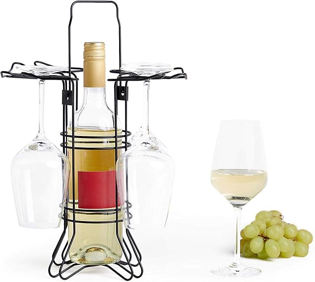 VonShef Wine Bottle & Glass Holder, Portable and Countertop Wine Rack with Handle/Carry Stand for Outdoor and Indoor Use, Suitable for 4 Glasses & 1 Bottle - Ideal for Picnics