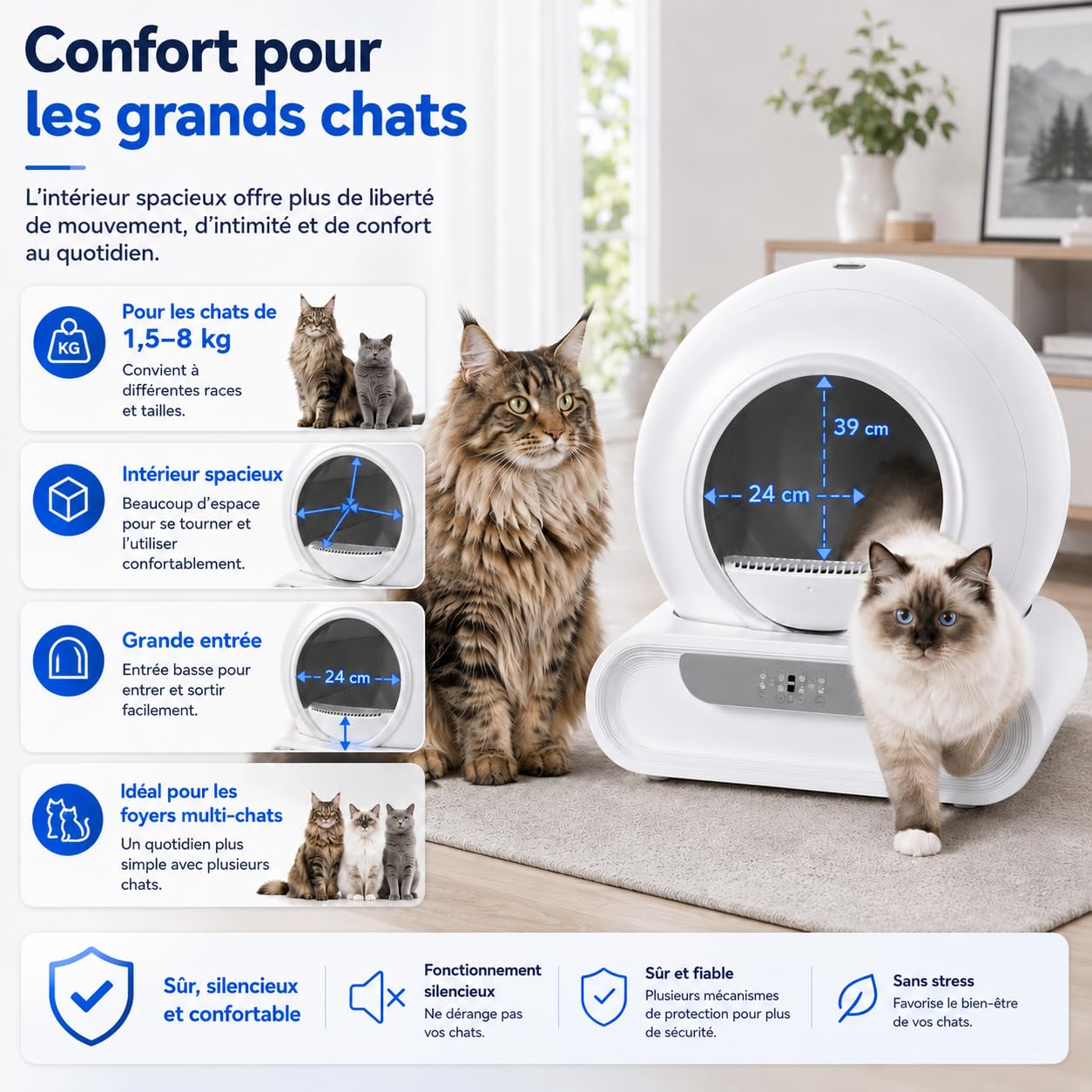 Litière Chat Automatique Autonettoyante XXL 65L, Contrôle par Application WiFi 2,4 GHz, Bac à Déchets 9L, Gestion Multi-Chats, Surveillance du Poids et de l’Utilisation, pour Chats 1 à 8 kg