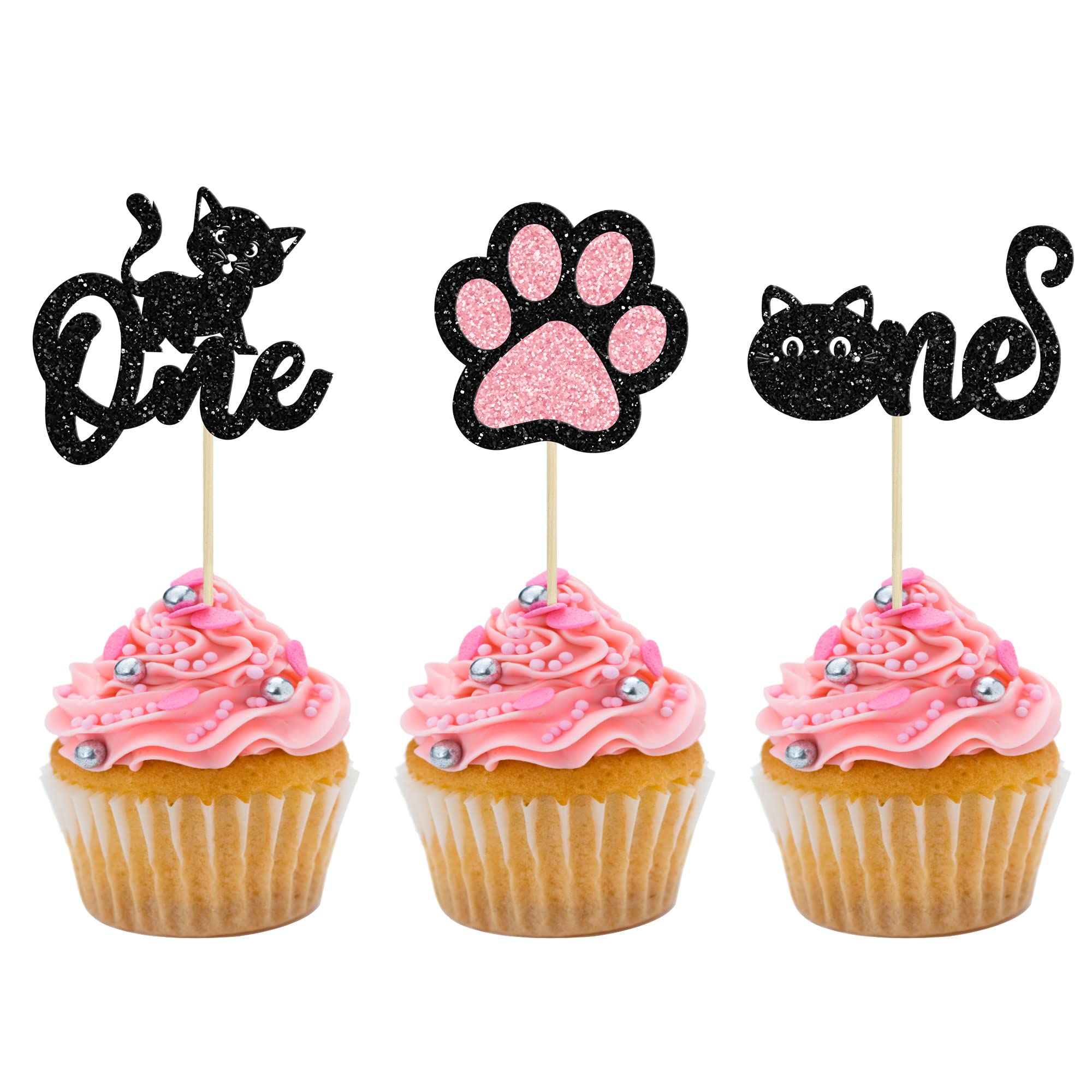24pcs One Cupcake Toppers - Black Glitter Cat Frist Birthday Cupcake Picks Decorations for Cat Lover Kitten Theme Baby Shower Kids 1st Birthday wedding Party Supplies