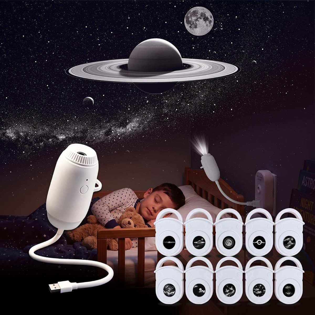 Galaxy Projector Night Light-10 Films, Plug and Play HD Star Projector USB-Powered with USB-C Adapter with Timer Auto-Off & 360°Adjustable, Ocean Projector for Bedroom Ceiling Wall Car Decor