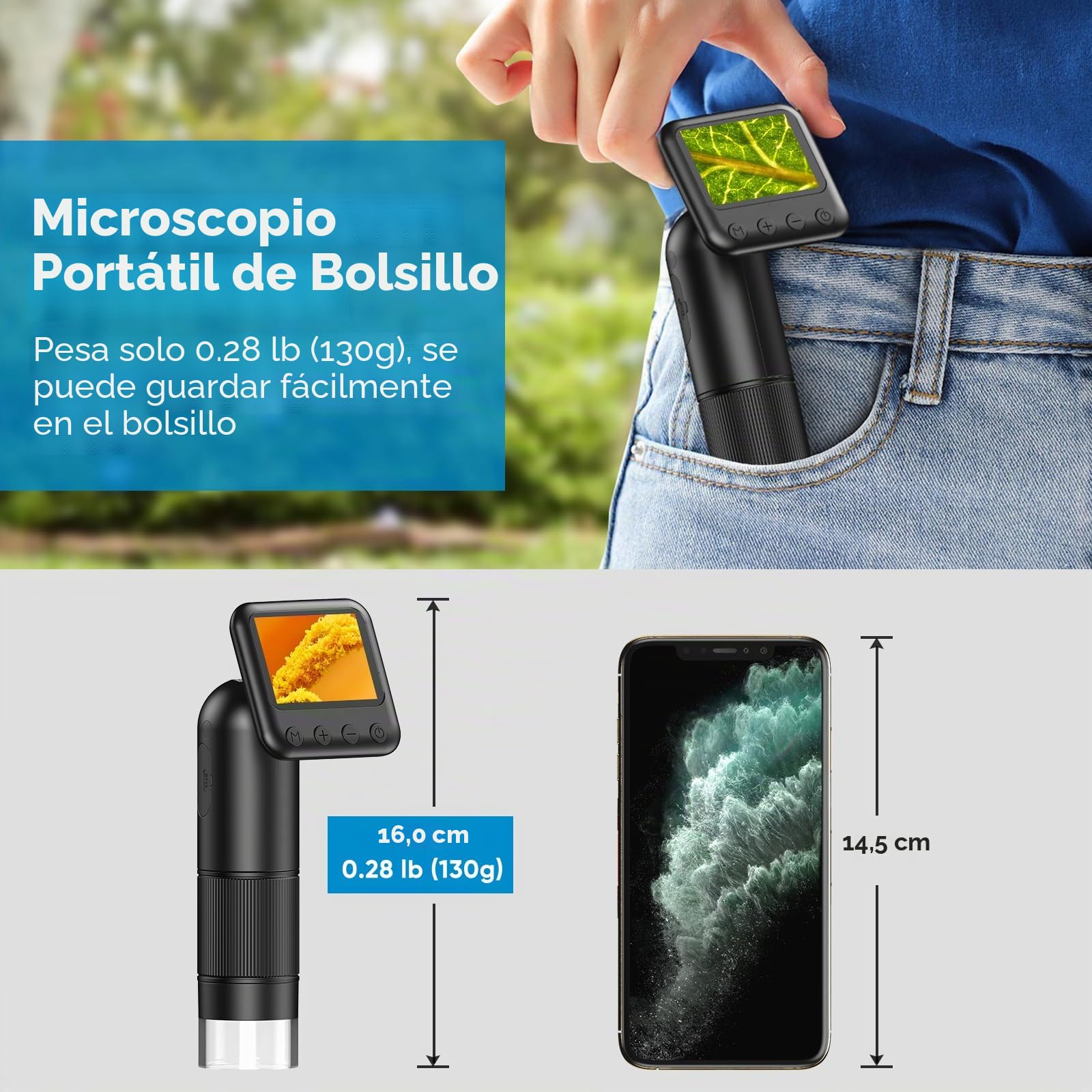 Microscopio digital de mano 800X con pantalla LCD de 2", microscopio portátil de bolsillo para niños con luces LED ajustables, microscopio con lupa para monedas, USB a PC, incluye tarjeta SD de 32 GB.