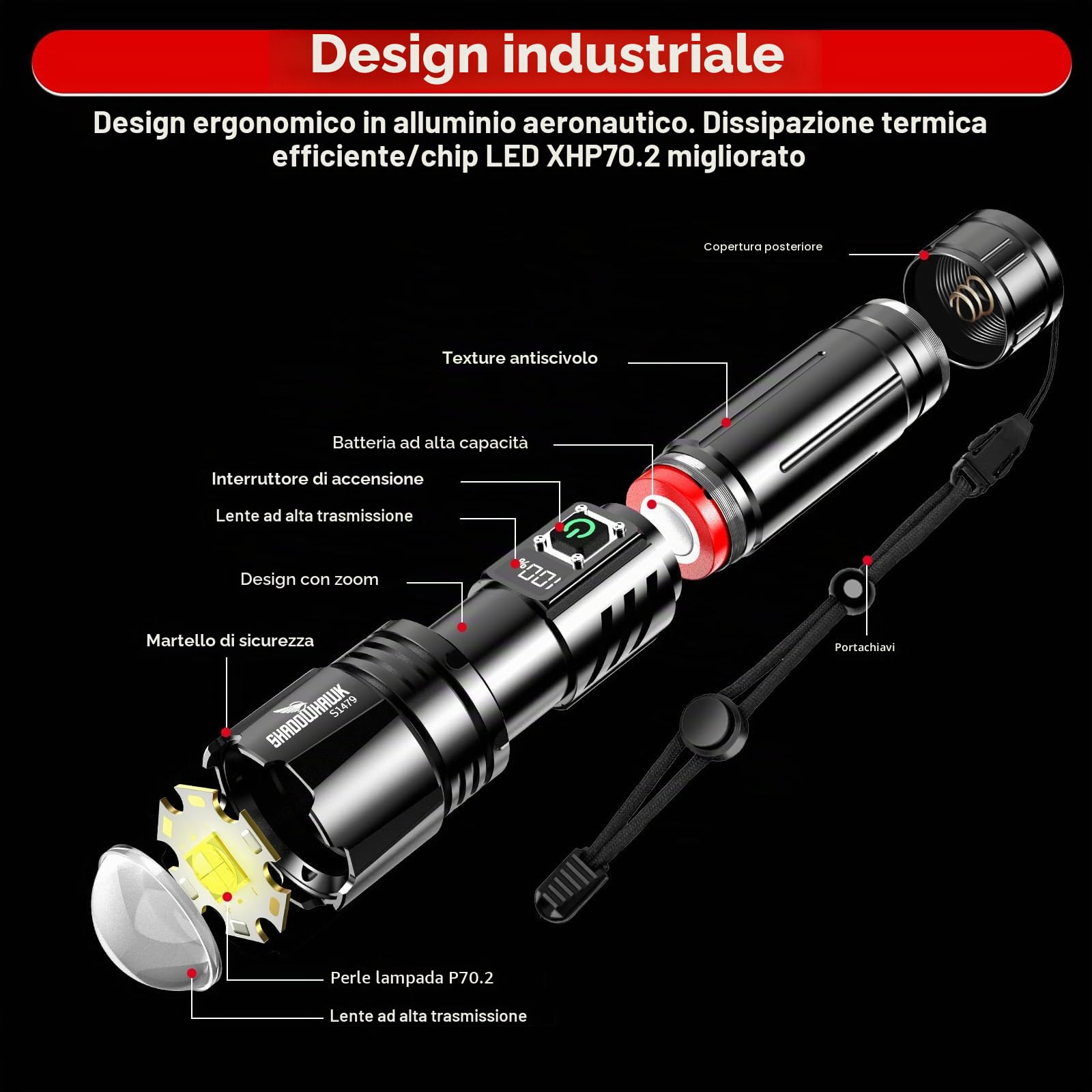 Shadowhawk Torce ad alta potenza 24H Illuminazione | Militare 100000 lumen 30 W Torcia LED Potente Rechargeable(2 batterie 5000 mAh), tattica per campeggio/emergenze/escursionismo, schermo LCD e IP67
