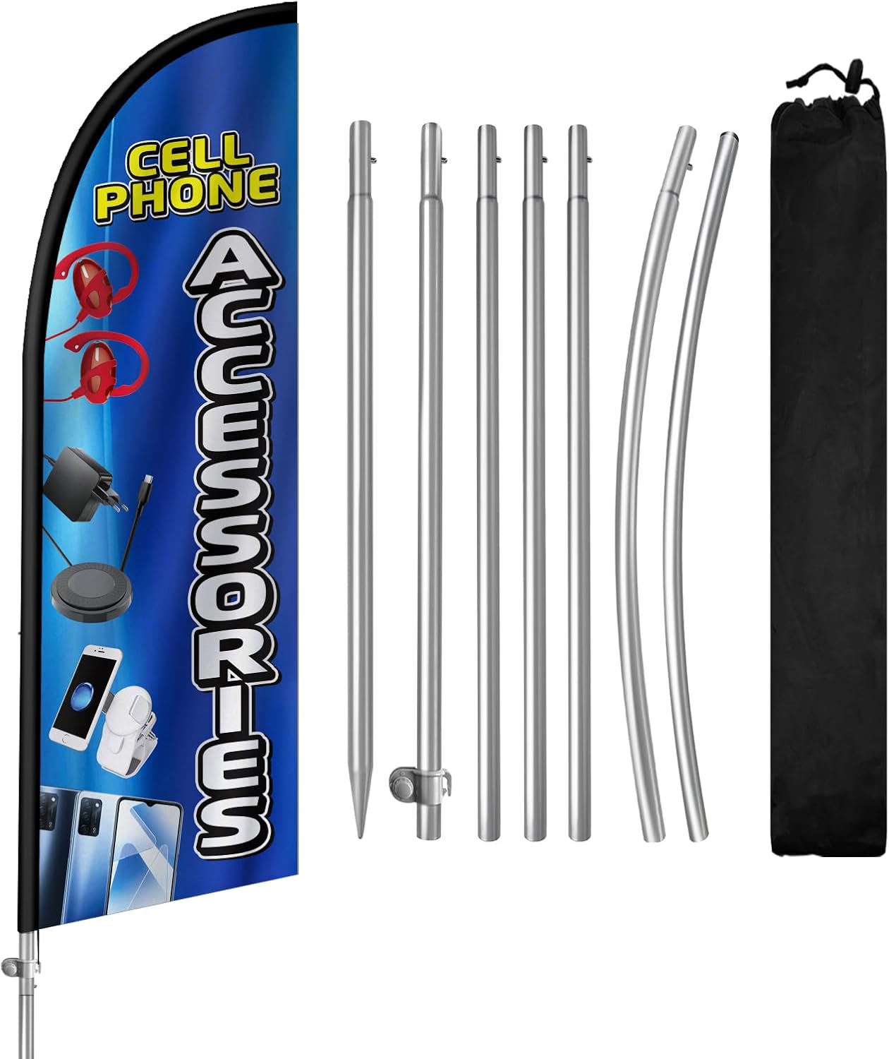 Cell Phone Accessories Flag for Business, Cell Phone Accessories Signs, 8FT Polyester Advertising Swooper Flag with Aluminium Alloy Flag Pole Kit, Stainless Steel, Ground Spike, Portable Bag