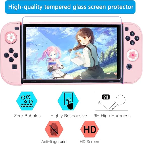 OLDZHU Pink Dockable Protective Case Compatible with Nintendo Switch Joy-Con Controllers with Glass Screen Protector 4 Thumb Grip Caps Shock Absorption and Scratches Pink Accessories for Nintendo Switch