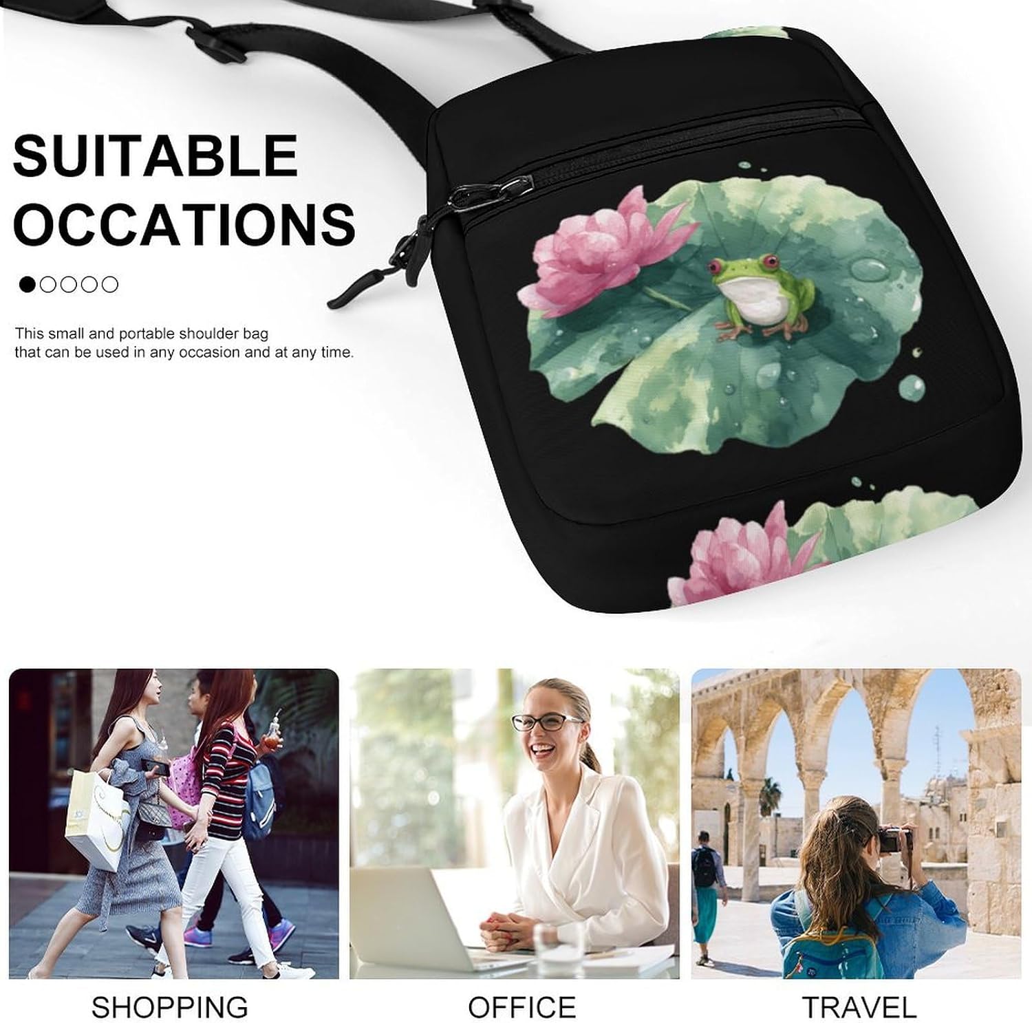 Watercolor Frogs Lotusflower Small Crossbody Bag Sling Shoulder Satchel | for women men,work travel workout,detachable and adjustable shoulder strap