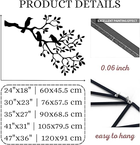 Miniatura 3 de Kewhush Arte de pared de metal, pájaros en rama, decoración para colgar en la pared, 35 x 27 pies, sala de estar, blanco
