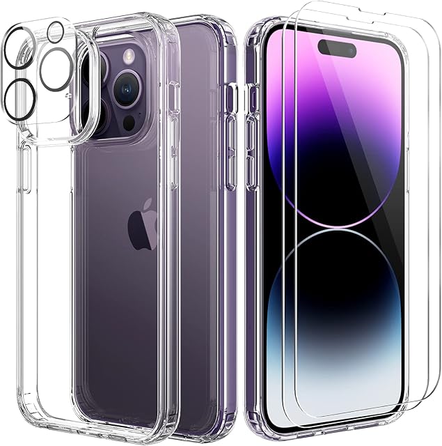 UYMO [4-in-1] for iPhone 14 Pro Max 6.7" Case with [ 2 Screen Protector + 1 Camera Protector ], [Not Yellowing] [Anti-Scratch] [Airbag Drop Protection], Transparent Clear Bumper Phone Slim Cover