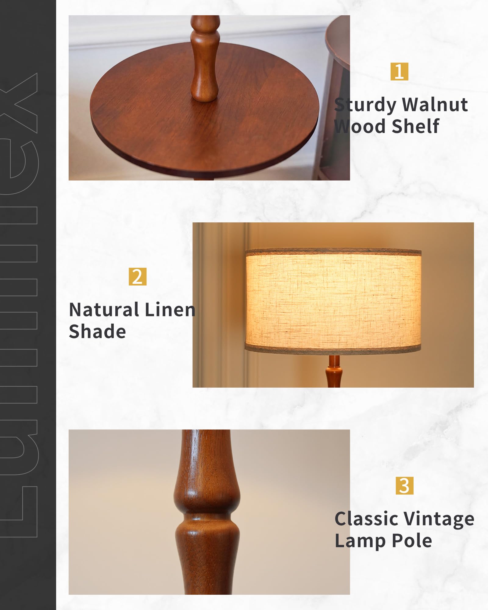 Vintage Stehlampe aus Holz mit Ablage, Walnuss, WOVI FL13 | 161cm Stehleuchte Retro mit 3 Farbtemperaturen, Fußschalter & Stoffschirm, E27 Lampe inklusive, für Wohnzimmer, Schlafzimmer
