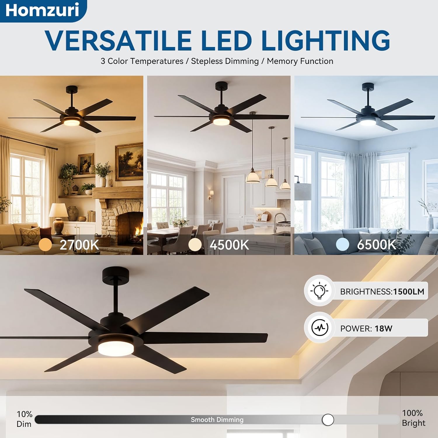 64 Inch Ceiling Fans with Lights, Large Ceiling fan with Light and Remote/APP Control, 3CCT, Dimmable, Noiseless DC Reversible Motor, 6 Blades Black Ceiling Fan for Bedroom Living Room Outdoor