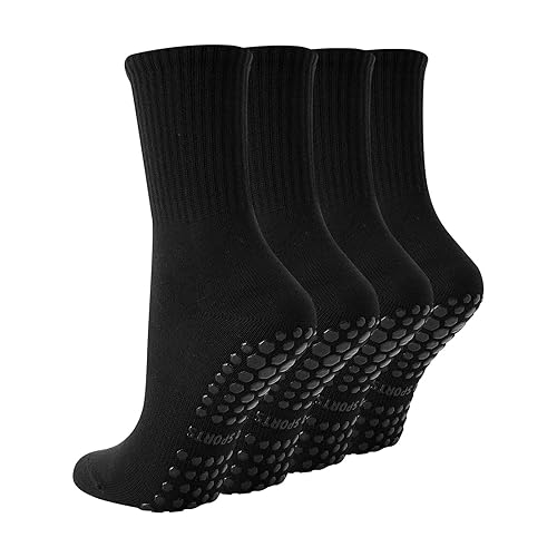 TOAMOUR 4 Pairs Pilates Socks with Grips for Women, Non Slip Yoga Athletic Ballet Barre Dance Workout Crew Socks - Black