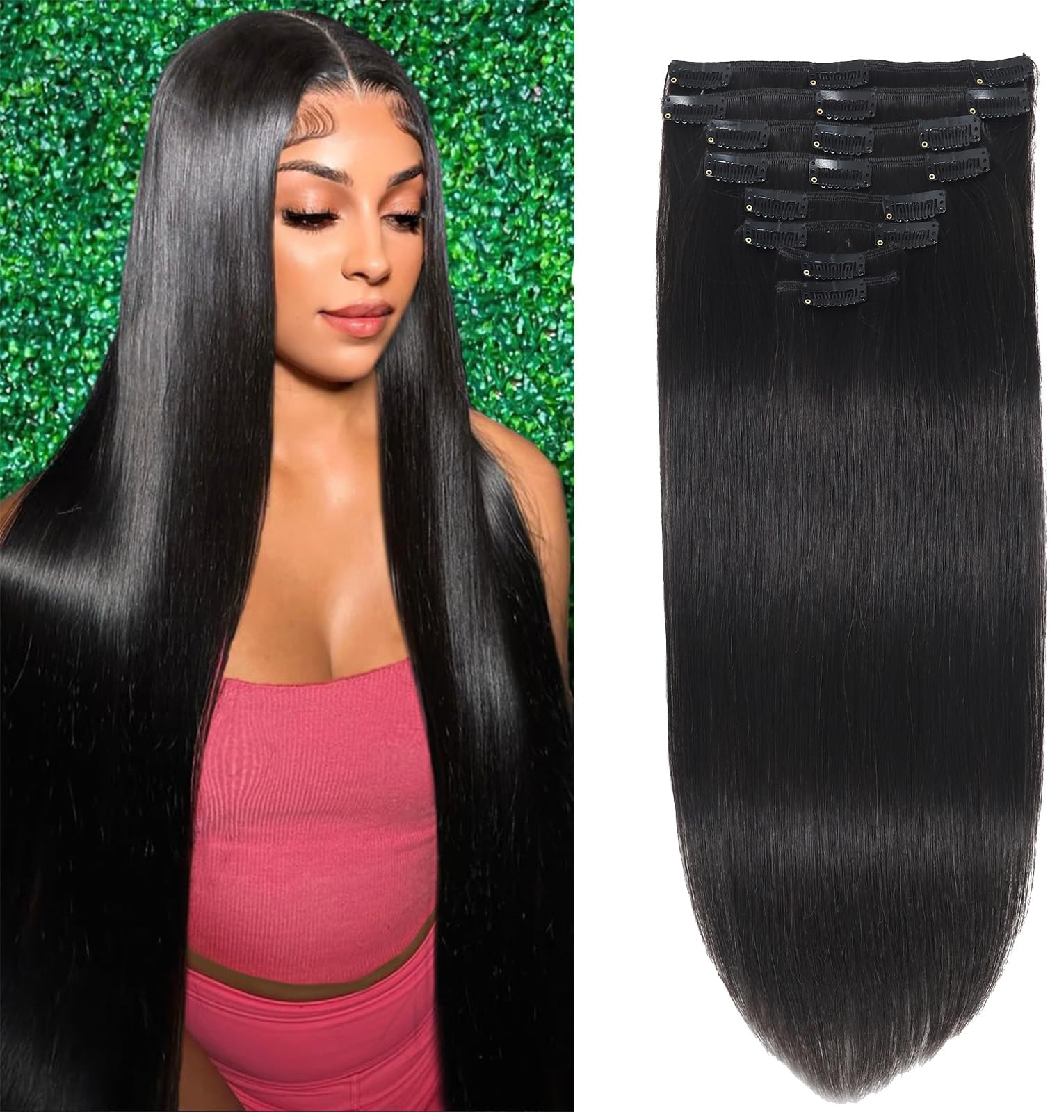 Clip in Hair Extensions Real Human Hair Clip in Extensions for Women Seamless Invisible Natural Black Straight Remy 100% Human Clips ins Extension 8pcs Double Weft 24 inch 4.2oz/120g