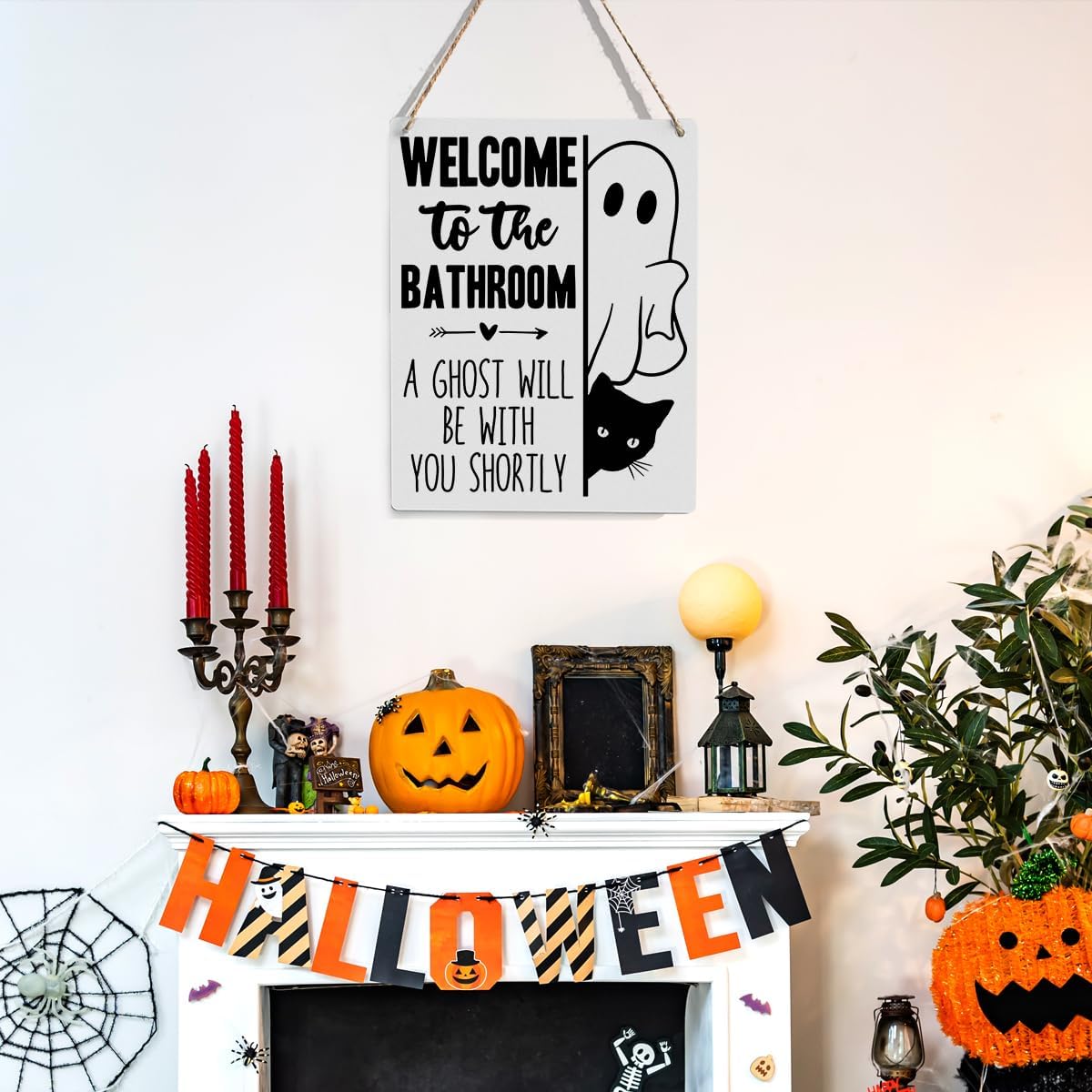 Funny Ghost Bathroom Halloween Wooden Wall Decor Welcome To Bathroom Wood Wall Haning Decor for Home Toilet Restroom Washroom